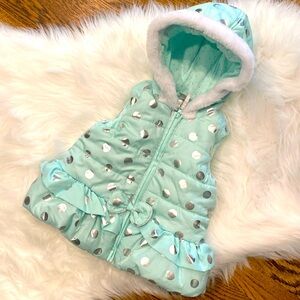 Blue and Silver Polkadot Puffer-vest with faux fur hoodie 18m NWOT